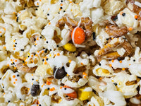 Fall Crunch Chocolate Popcorn with Reeses Pieces and Pretzels