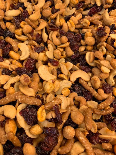 Sweet and Spicy Nut Mix Cashews Peanuts Sesame Sticks and Crasins